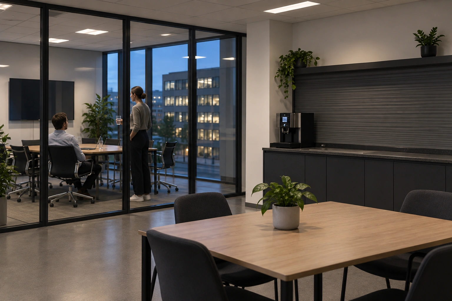 Mitarbeitende in einem Büro während einer späten Besprechung ohne verfügbare warme Verpflegung