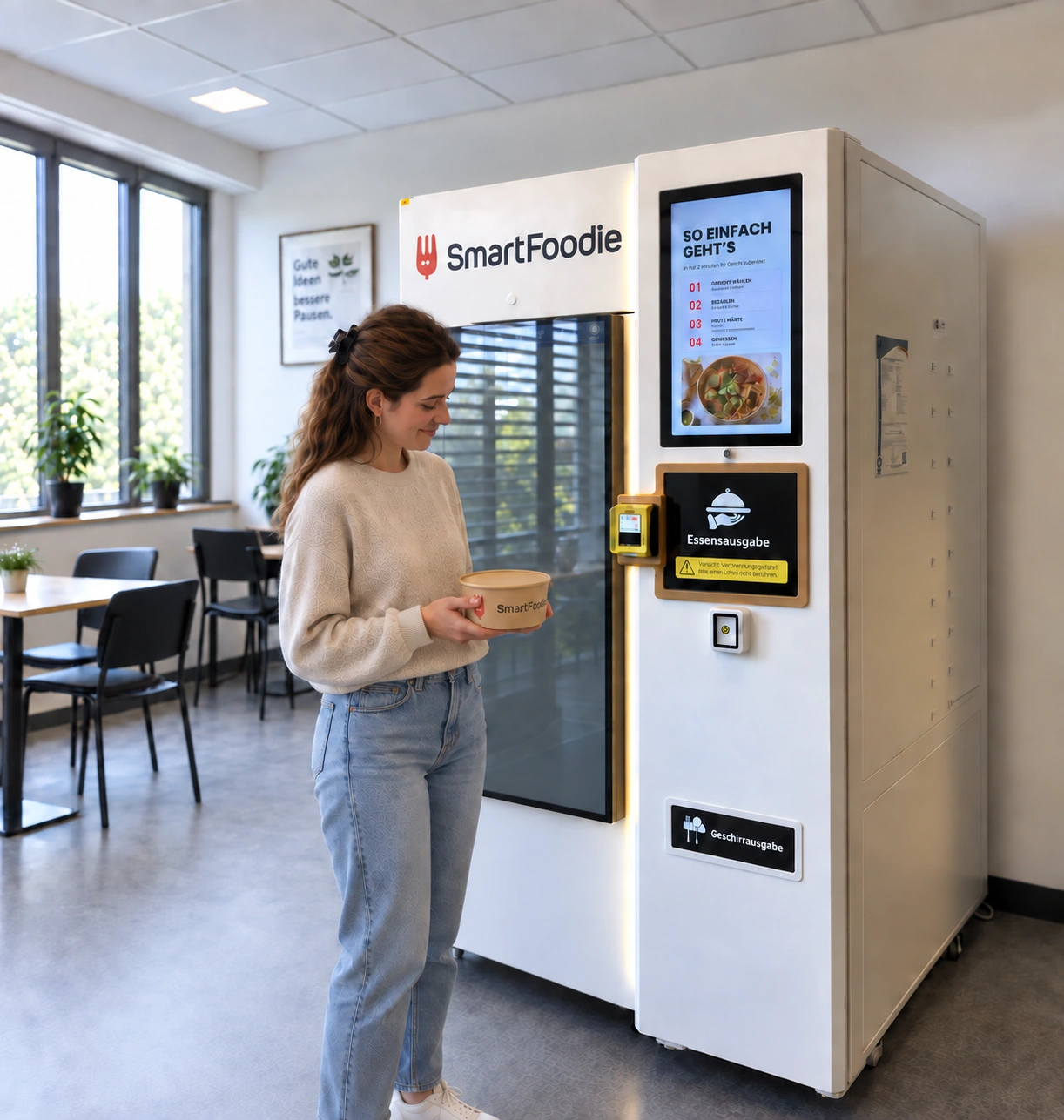 Frau hält ihre geschlossene SmartFoodie Bowl nach der Abholung neben dem Automaten
