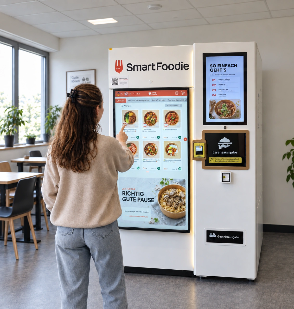 Person wählt ein Gericht am SmartFoodie Automaten aus