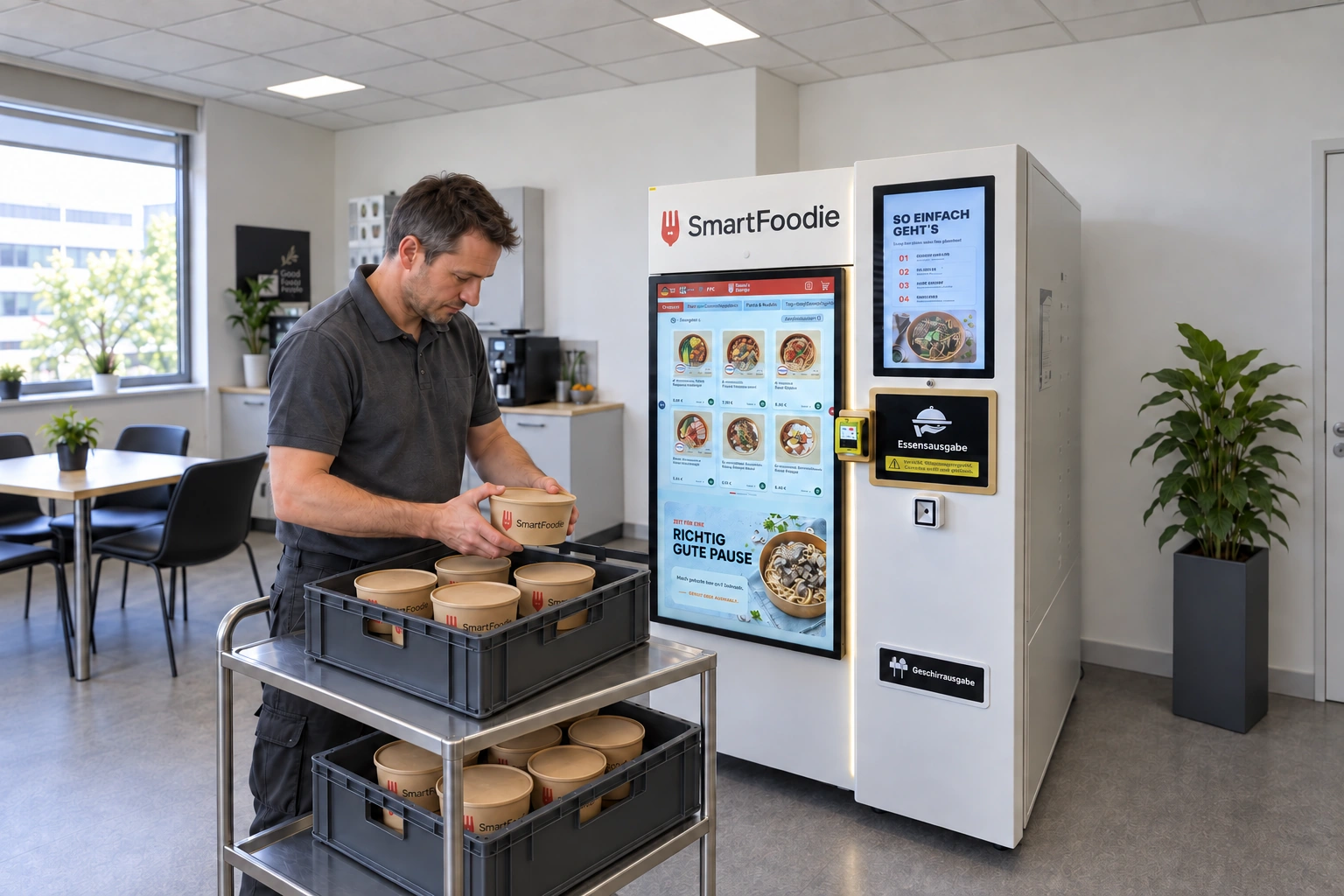 Servicekraft bereitet geschlossene SmartFoodie Bowls auf einem Transportwagen für die Befüllung vor