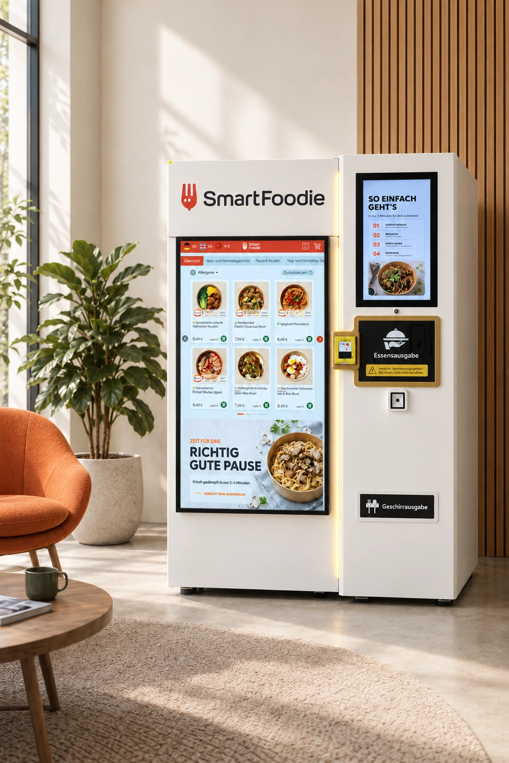 SmartFoodie Automat in moderner Büroumgebung mit App-Bestellung und Abholung