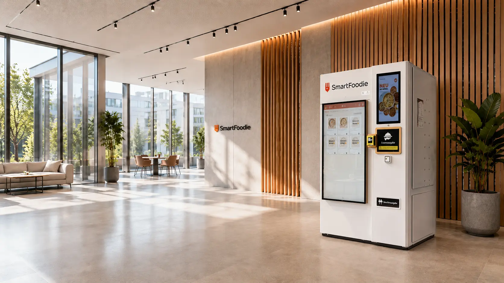 Moderner SmartFoodie Lebensmittelautomat mit gekühlten Mahlzeiten