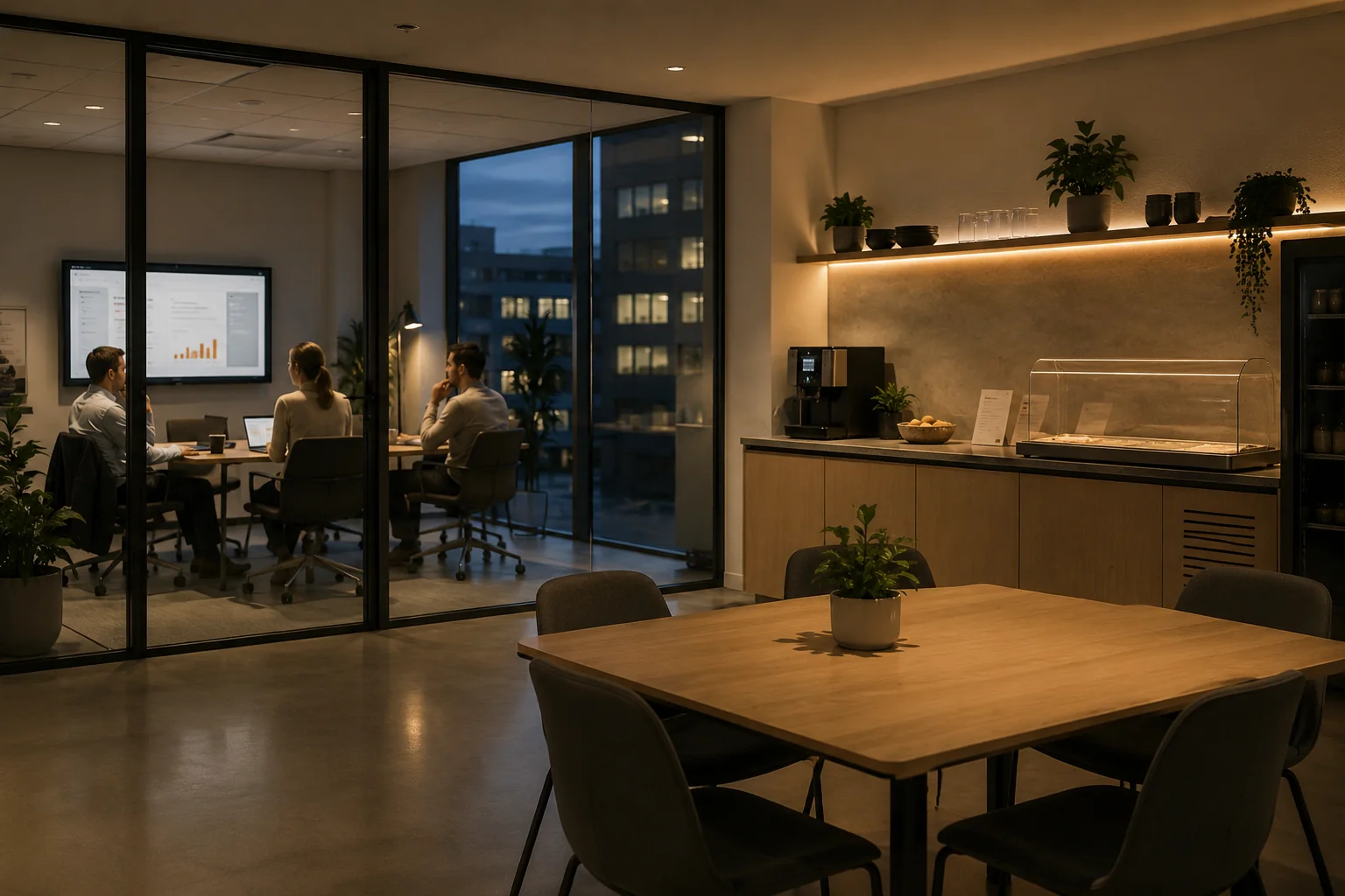 Mitarbeitende in einem Büro während einer späten Besprechung ohne verfügbare warme Verpflegung