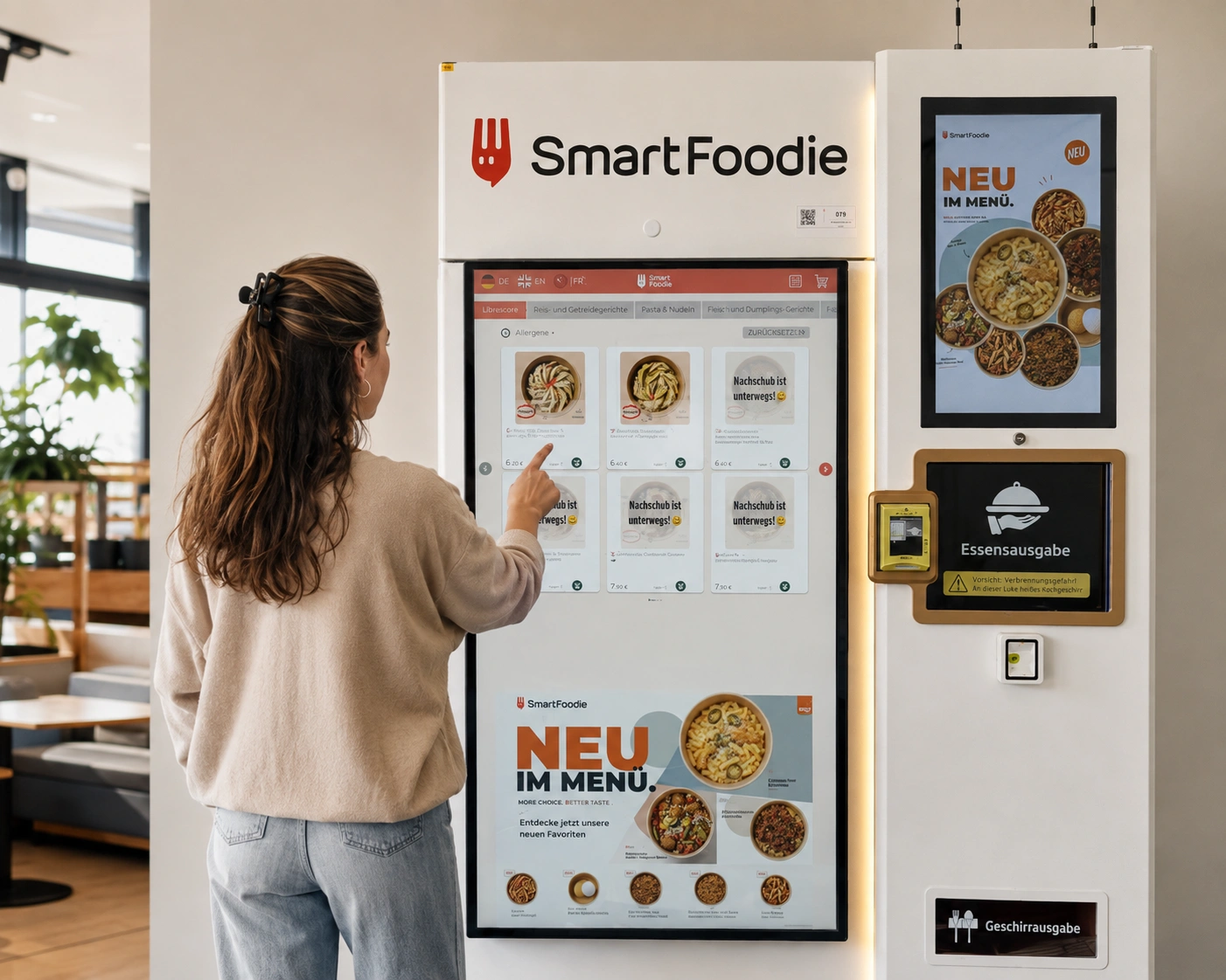 Person wählt ein Gericht am SmartFoodie Automaten aus